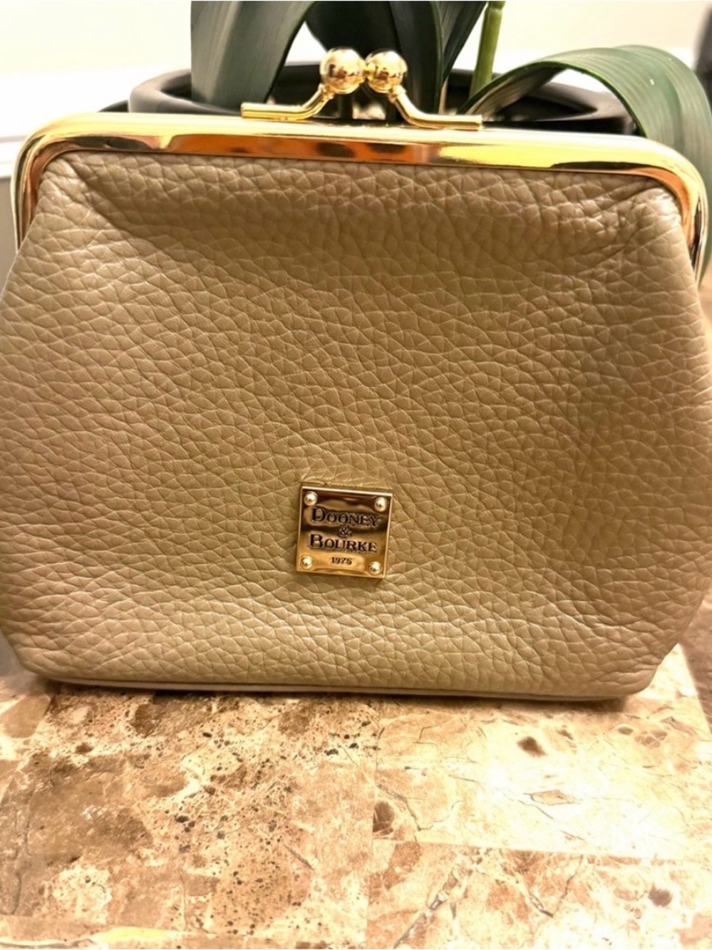 Dooney & Bourke Taupe Pebbled Leather Kiss-Lock Mini Bag with Gold Hardware